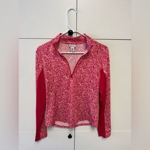 Tommy Bahama Racquet & Paddle Marbled Palm Viva Coral Red Long Sleeve Golf Top